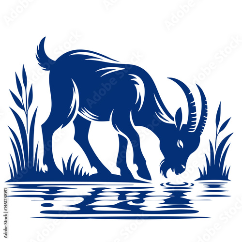 Majestic Goat Drinking by the Water: A Serene Nature Silhouette