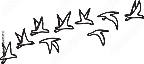 A group of birds takes flight against a white background.
