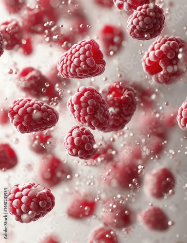 Frozen raspberries in water.  A close-up view of numerous frozen raspberries suspended in a clear liquid, with water droplets visible around them