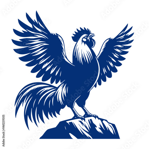 Majestic Rooster: A Stunning Blue Cock on a Rock, Wings Spread Wide