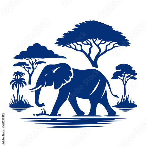Majestic African Elephant in Savannah: Wildlife Silhouette