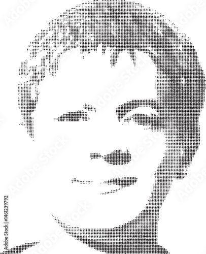 A grayscale portrait of a smiling woman's face rendered with a speckled texture.