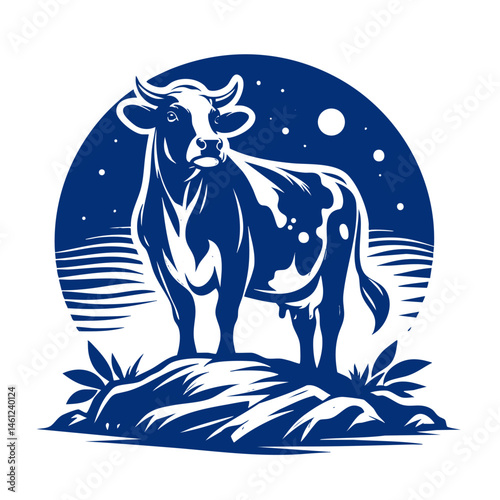 Majestic Cow in Night Farmland: A Serene Rural Scene