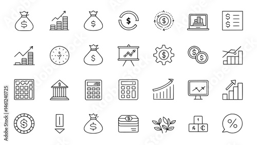 Financial planning and investment icons set for business success and growth theme