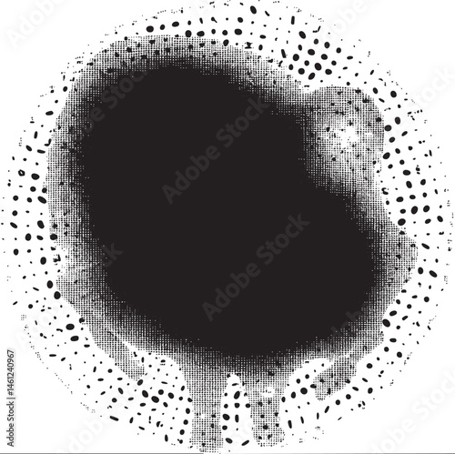 A dark circular shape is surrounded by a dense scattering of small white dots.