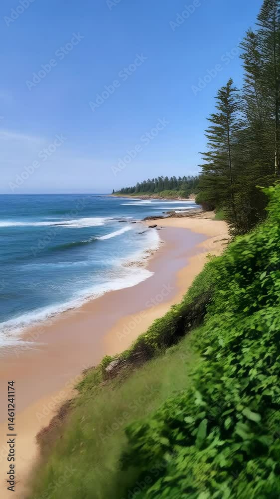 Beautiful ocean vista showing sandy beach and turquoise water meeting grassy slope with palm frond over clear blue sky. Beautiful ocean vista showing sandy beach and turquoise water meeting grassy slope with palm frond over clear blue sky.