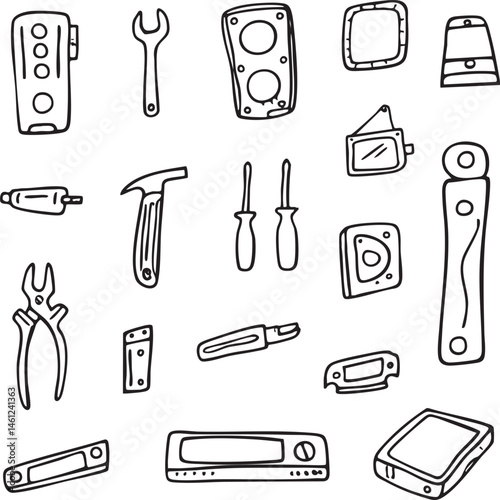 A collection of diverse hand tools is displayed in a linear arrangement.