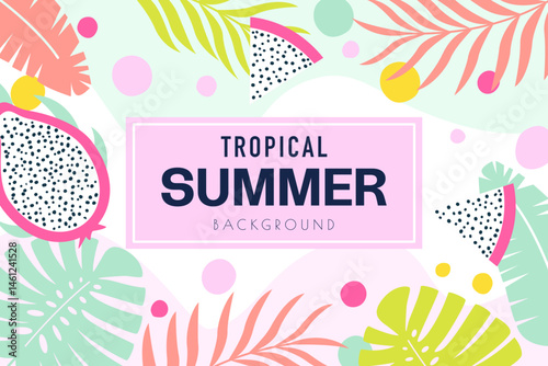 horizontal background with tropical leaves and fruits