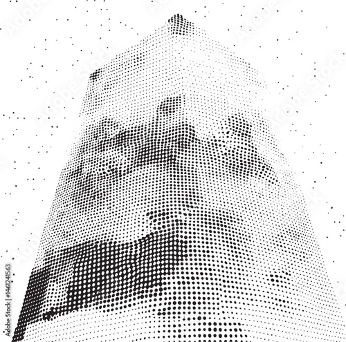 A grayscale portrait of a woman's face emerges from a textured pointillist background.