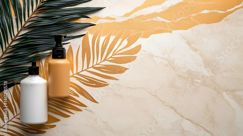 Beige and White Cosmetic Bottles on Marble Surface with Golden Palm Leaves