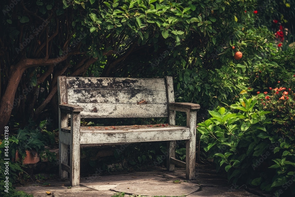 Aged white wooden bench in a lush garden Aged white wooden bench in a lush garden