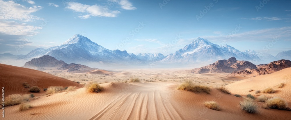 Naklejka premium Desert path leading to snow-capped mountains under a vibrant sky