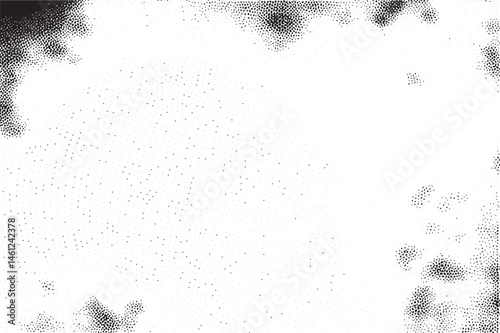 A textured black and white background with scattered dots.