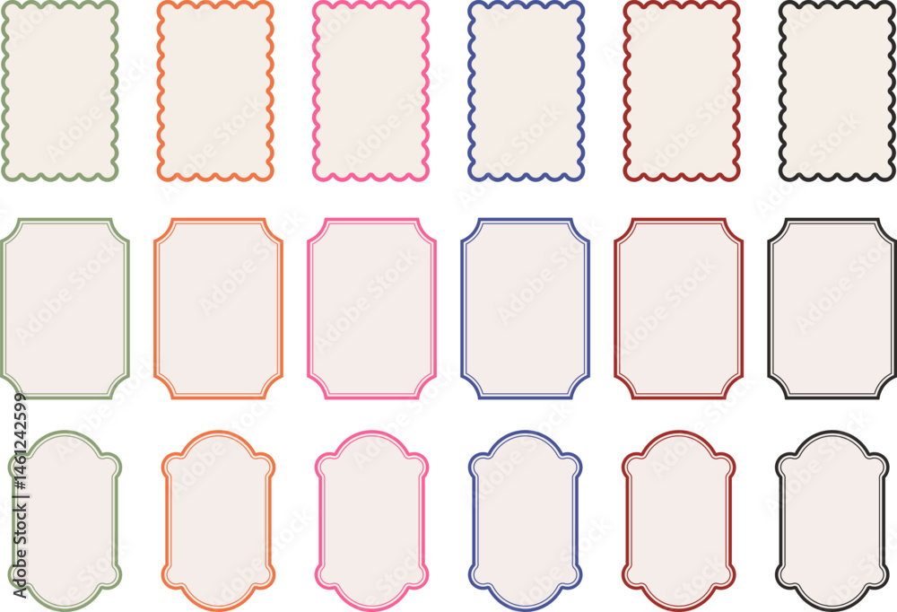 Retro frames with wavy border and elegant shapes with thin outlines, flat style, isolated on a white background
