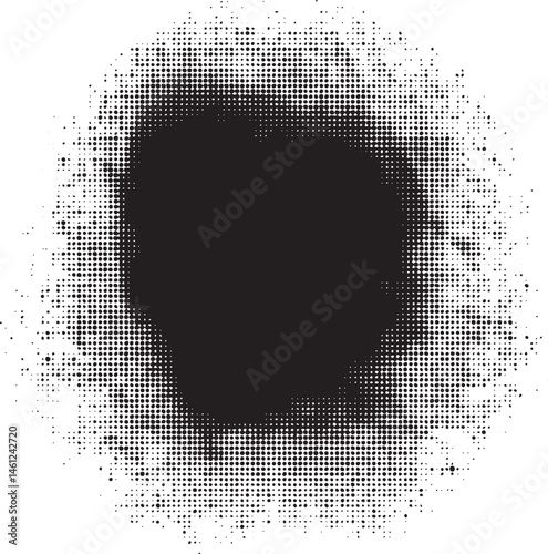 A large black circle is surrounded by a dense scattering of white dots.