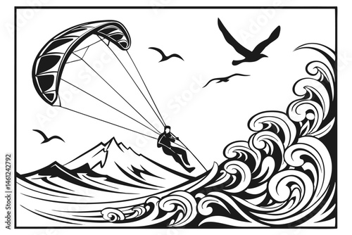 43 Black and white illustration, kitesurfing silhouette, dynamic ocean waves, ornate wave patterns, stylized water splashes, flying seagulls, mountain landscape, dramatic contrast, high-energy action 