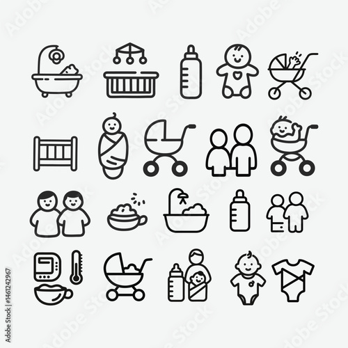 Discover a collection of childcare icons and baby essentials, featuring minimalist line drawings in black and white. Perfect for parenting symbols, infant care, and nursery designs.