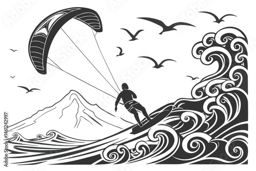 43 Black and white illustration, kitesurfing silhouette, dynamic ocean waves, ornate wave patterns, stylized water splashes, flying seagulls, mountain landscape, dramatic contrast, high-energy action 