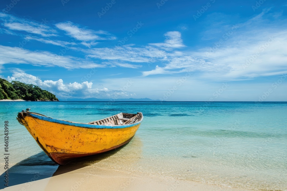 Yellow boat on a sandy beach, turquoise water, and a clear sky Yellow boat on a sandy beach, turquoise water, and a clear sky