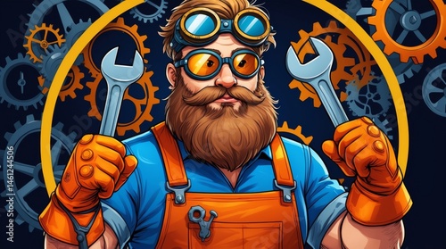 Cartoon handyman with orange gloves and goggles holding wrenches.