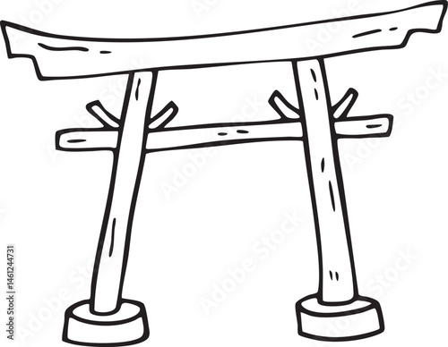 A simple wooden torii gate stands upright on a raised platform.