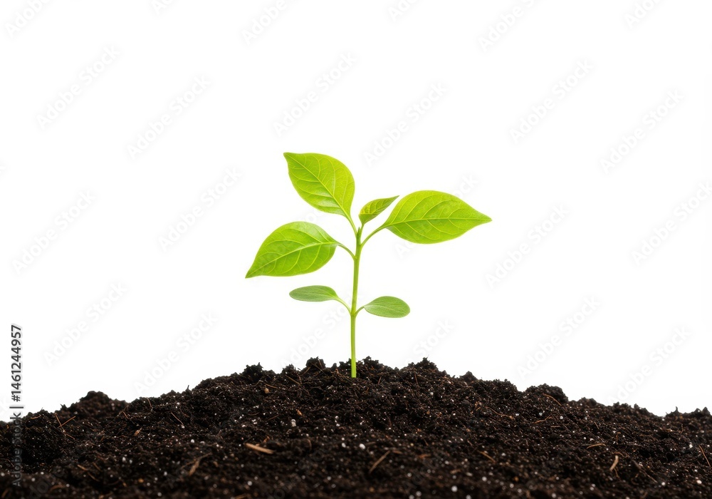 Fototapeta premium Isolated seedling growing in soil against white background, representing new beginnings