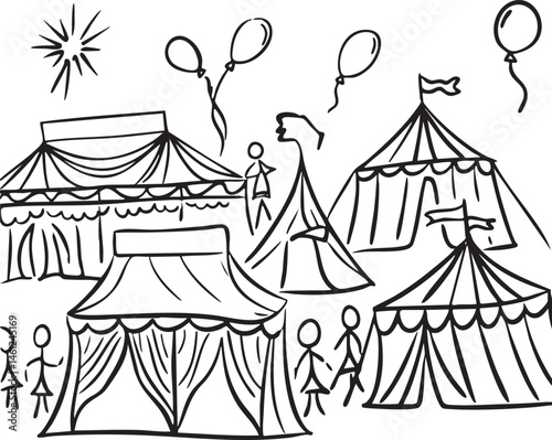 Multiple figures observe a colorful circus tent with balloons.