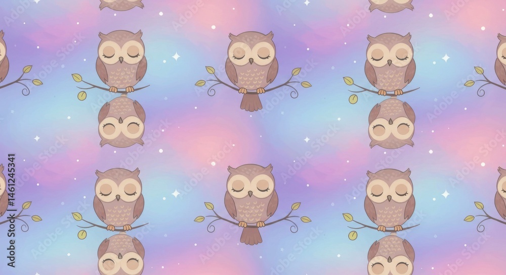 Obraz premium Cute owl pattern on a pastel gradient background.