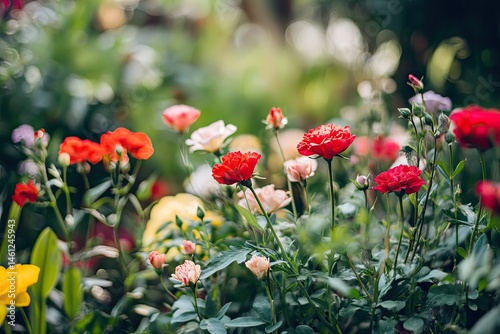 Vibrant garden of roses in various hues