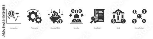 Financial forecast icon sheet web banner vector forecasting, processing, financial crisis, stimulus, regulation, bank, diversification