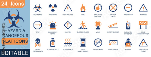 Hazard and Dangerous icons - A set of flat icons featuring warning, risk, toxic, and radioactive. Includes icons for radiation, emergency, safety, and more. Clean design for conceptual web use.