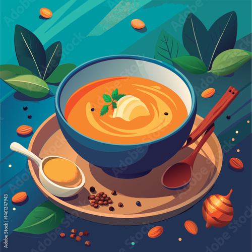 Creamy pumpkin soup in a bowl.