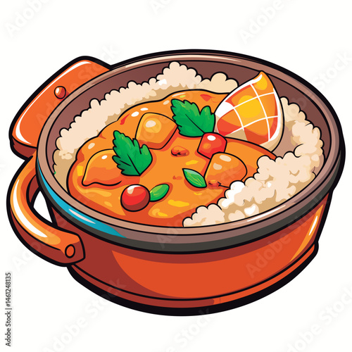 Delicious curry and rice in a pot.