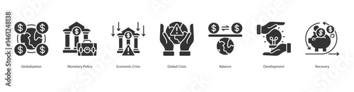 Global Economic Recovery icon sheet web banner vector globalization, monetary policy, economic crisis, global crisis, balance, development, recovery