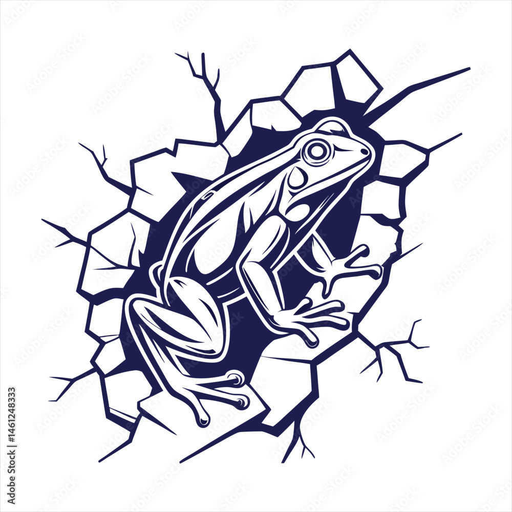 Fototapeta premium Fierce Frog Leaping Through Cracked Wall Design