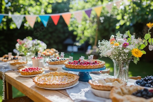 Colorful outdoor garden party with assorted fruit pies and flowers
