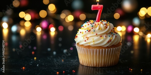 Festive birthday cupcake with a brightly colored candle in a cheerful setting celebrating a child's seventh birthday