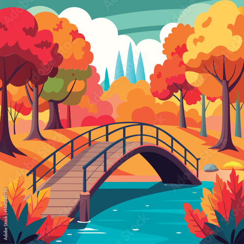 Vector illustration of a Autumnal park bridge scene.