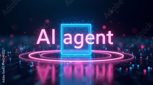 Artificial intelligence agent displayed with glowing text and blue cube frame.
