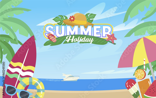 Colorful tropical beach background with summer holiday text, surfboard, fruits, and sea view for vacation ads or banners. Summer holiday 2025 banner and greeting.  
