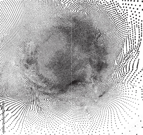A grayscale features a central blurred face formed by densely packed dots.