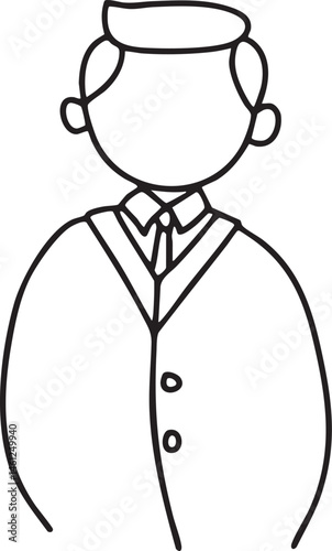 A stylized depicts a person wearing a formal jacket and hat.
