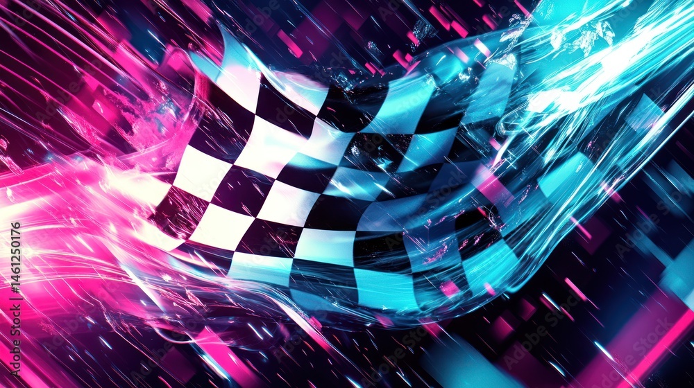 Checkered flag waving in vibrant digital glow. Dynamic lines and glowing colors surround the flag, creating a futuristic racing or competition theme