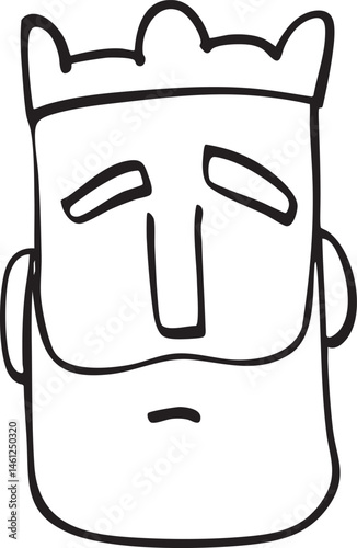 A stylized black and white portrait of a regal face with a crown.