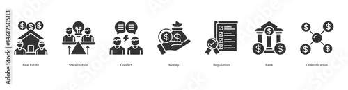 Real Estate Stability icon sheet web banner vector real estate, stabilization, conflict, money, regulation, bank, diversification