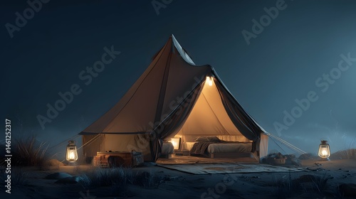 Obraz na płótnie Stunning night scene featuring a realistic, detailed camping tent illuminated for product showcase. w salonie