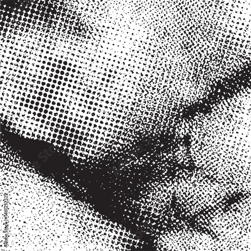 A close-up showcases a textured portrait of an eye with prominent halftone