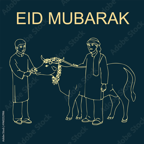 Eid ul Adha Cow Illustration with People Preparing for Sacrifice