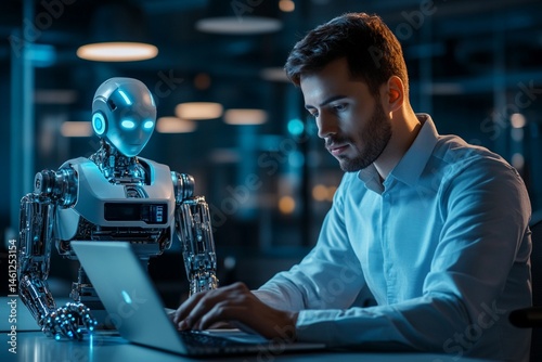 Businessmen and humanoid robot work on a project chat bot chatbot ai bot