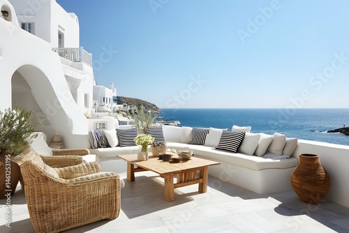 Charming Greek island terrace with pristine white architecture, breathtaking ocean views, and cozy outdoor furniture.